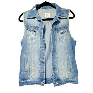 Cello Women Sz S Distressed  Denim Vest‎ Button Up Retro Trucker Festival Rave